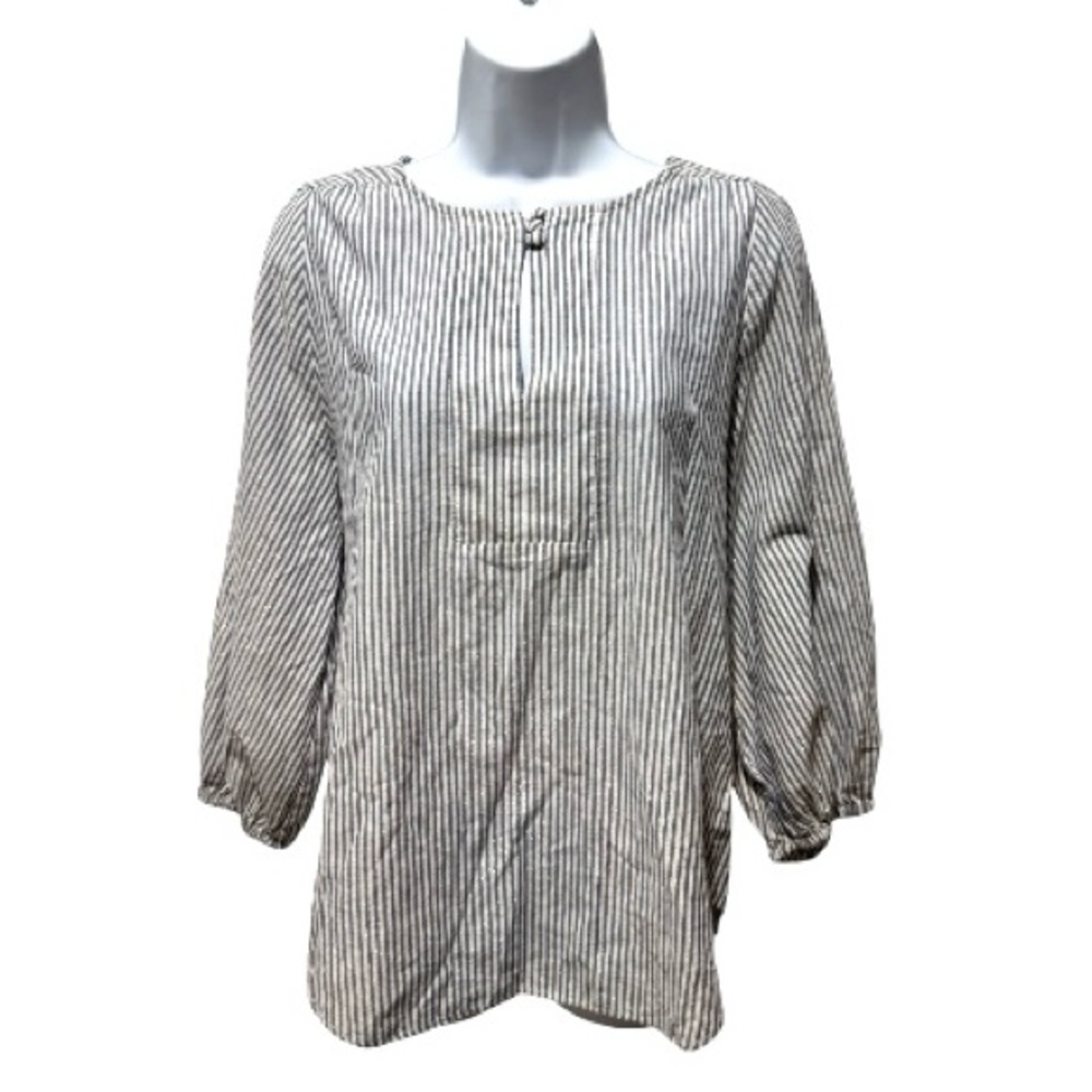 Eva Mendes Striped Blouse M Blue Gray Metallic Thread 3/4 Sleeve